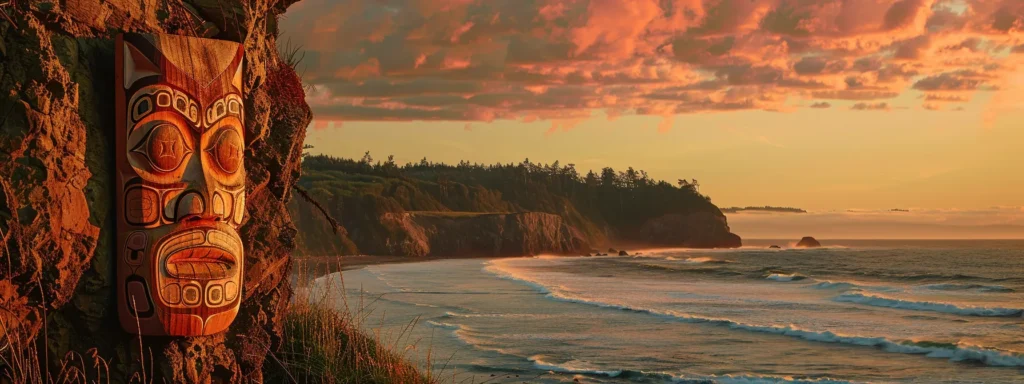 Totem pole against a breathtaking sunset over the ocean, highlighting the natural beauty of Oak Harbor's coastline and local culture.
