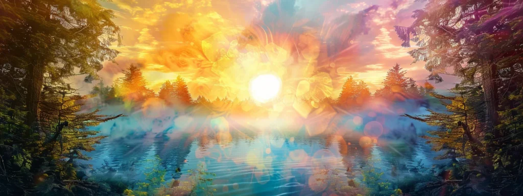 Breathtaking sunset over a tranquil lake, surrounded by lush trees, symbolizing the beauty of Oak Harbor's natural environment and community engagement in local SEO services.