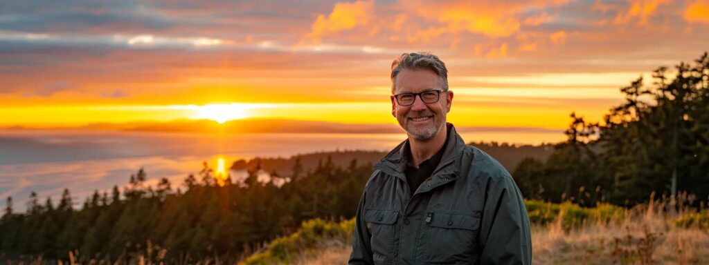 Man smiling in front of a vibrant sunset over a coastal landscape, emphasizing the beauty of nature, relevant to content marketing and local business engagement.