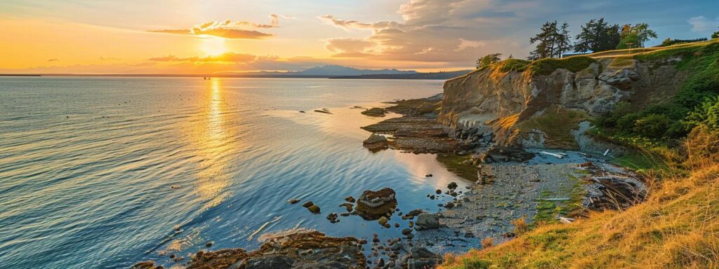 a breathtaking view of whidbey island's rugged coastline, showcasing vibrant mobile-first digital campaigns displayed on large screens at a coastal tech conference, illuminated by the golden light of sunset, emphasizing innovation and engagement in a serene setting.