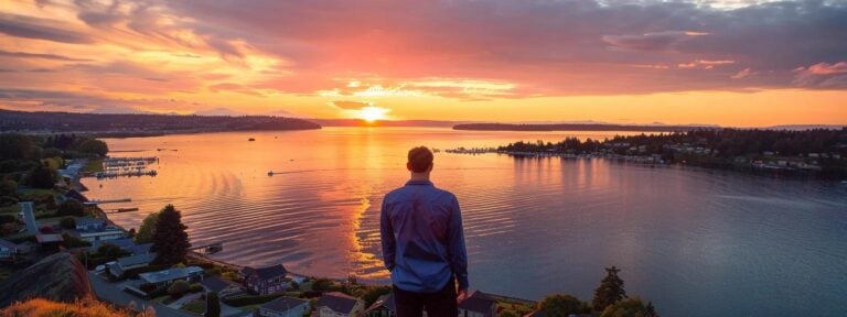 a captivating sunset over whidbey island, featuring a serene landscape with vibrant hues of orange and pink reflecting on the water, symbolizing the art of crafting engaging online content.