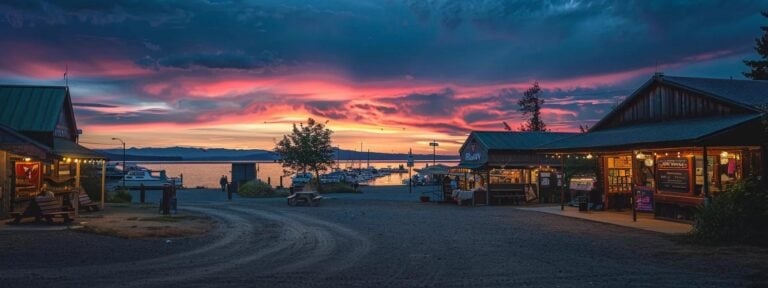 a captivating sunset over whidbey island, where vibrant hues of orange and pink illuminate a rustic local marketplace bustling with community engagement, symbolizing the heart of brand-building through local content marketing.