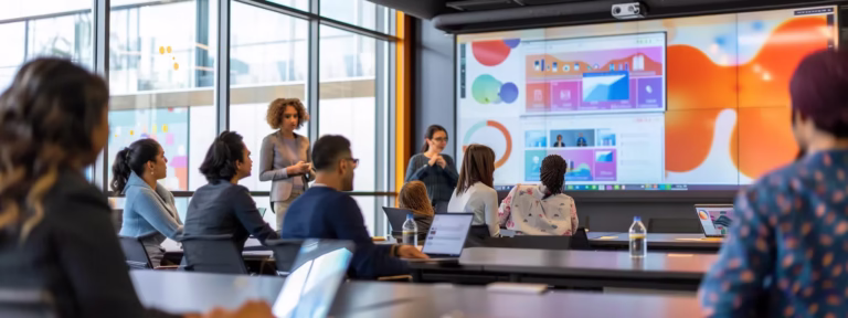 a dynamic office setting filled with diverse professionals engaged in a vibrant brainstorming session, surrounded by colorful advertisements and digital screens displaying innovative local marketing strategies.