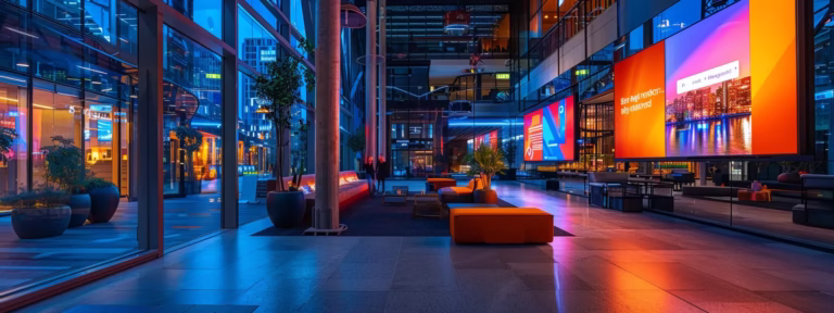 a dynamic urban office scene featuring a sleek digital display comparing google my business and its competitors, illuminated by vibrant led lights, capturing the essence of modern business competition.