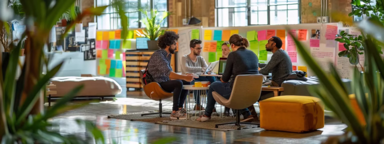 a dynamic urban office space with a diverse team engaged in a brainstorming session, surrounded by colorful local marketing materials, emphasizing collaboration in unlocking effective local advertising techniques.