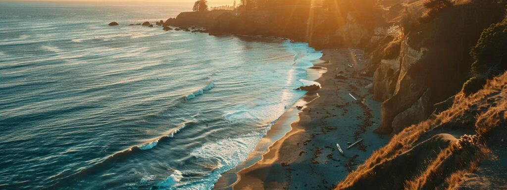 Mesmerizing coastal view of Whidbey Island at sunset, showcasing gentle waves lapping against the shore, illuminated by warm golden light, emphasizing natural beauty and tranquility in the context of strategic content development for SEO success.
