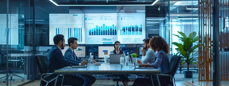 a modern office environment showcases a digital marketing team gathered around a sleek conference table, intently analyzing data analytics on large screens while brainstorming dynamic local seo strategies.