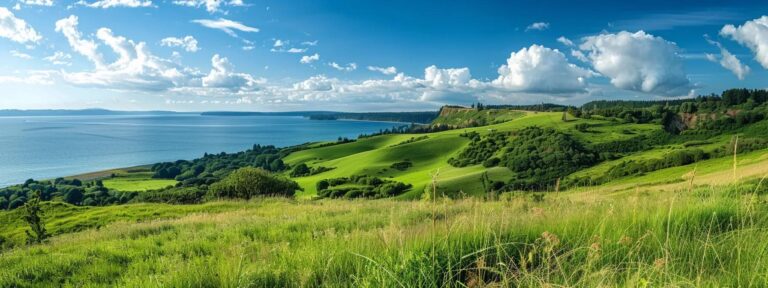 a panoramic view of whidbey island's lush landscape, featuring vibrant green hills and sparkling blue waters, illuminated by soft afternoon sunlight, symbolizing mastery in local seo strategies for maximizing geo-targeted success.