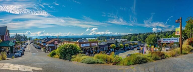 a panoramic view of whidbey island's lush landscapes, showcasing vibrant local businesses with colorful signage, emphasizing the essence of geo-targeted advertising in a bustling community.