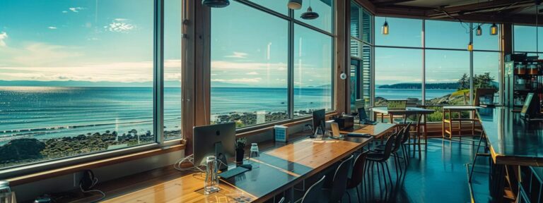 a panoramic view of whidbey island's coastline, showcasing a vibrant, modern workspace overlooking the ocean, illustrating the synergy of web design and strategic content marketing through an inviting and inspiring atmosphere filled with natural light.