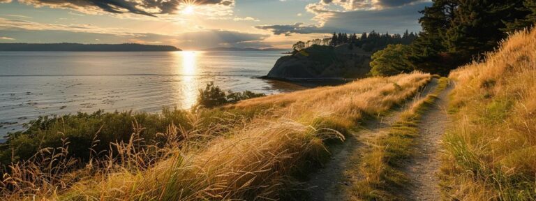 a picturesque view of whidbey island's lush landscape, featuring a winding path leading to a sunlit shoreline, symbolizes the journey of maximizing your site's seo through effective internal links.