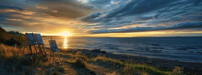 Scenic view of Whidbey Island at sunset, featuring beach, ocean waves, grassy shoreline, and two wooden signs, enhancing local marketing imagery.