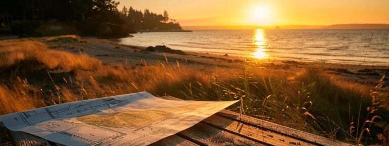 a serene coastal scene of whidbey island, featuring a meticulously laid-out blueprint on a wooden table, with a vibrant sunset casting warm golden hues over the landscape, symbolizing the foundation of an effective website content strategy.