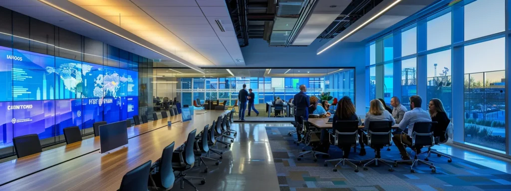 Sleek modern office interior featuring a large conference table, collaborative workspace, and digital display wall with world map, emphasizing a professional environment for Oak Harbor businesses focused on user experience and responsive web design.