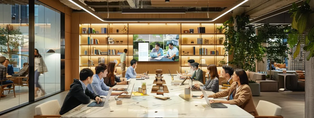 Modern office space with diverse professionals collaborating at a long table, laptops open, surrounded by greenery and shelves, illustrating the importance of responsive web design for enhanced business engagement in Oak Harbor.