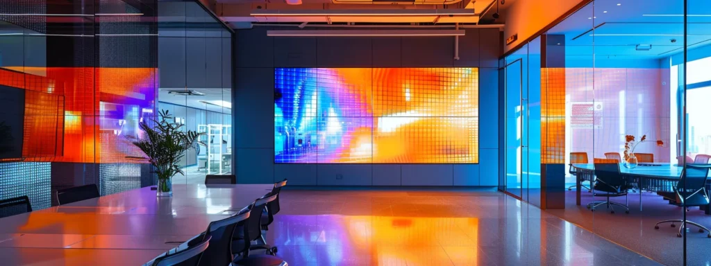 Sleek modern office space featuring a vibrant digital display wall, glass partitions, and a spacious conference table, emphasizing responsive web design and local business engagement in Oak Harbor.
