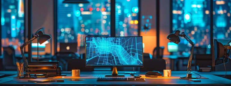a sleek, modern office with a focus on a glowing computer screen displaying a vibrant digital map pinpointing local businesses, highlighting the critical elements of local seo best practices for enhanced visibility.