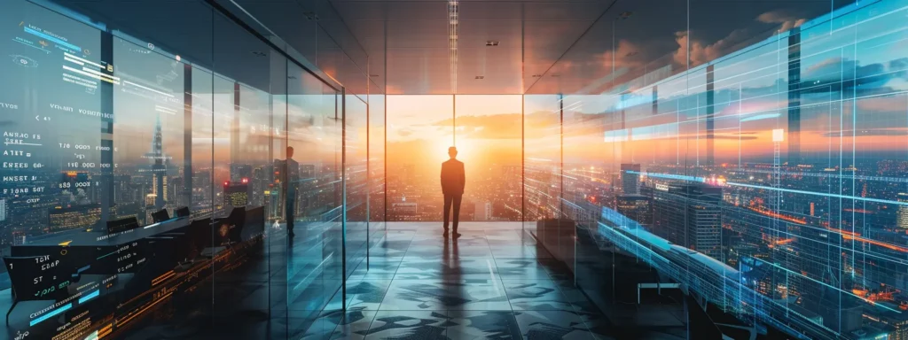 Sleek modern office interior with a silhouette of a person overlooking a city skyline at sunset, featuring digital interface elements symbolizing technology and responsive web design for enhanced user engagement.