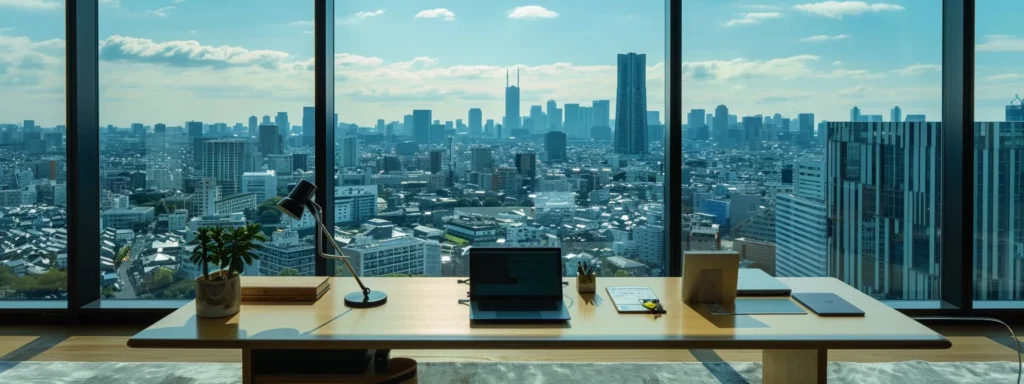 Sleek modern office workspace with a large window view of a city skyline, featuring a desk with a laptop, lamp, and stationery, emphasizing a professional environment ideal for enhancing user experience in responsive web design.