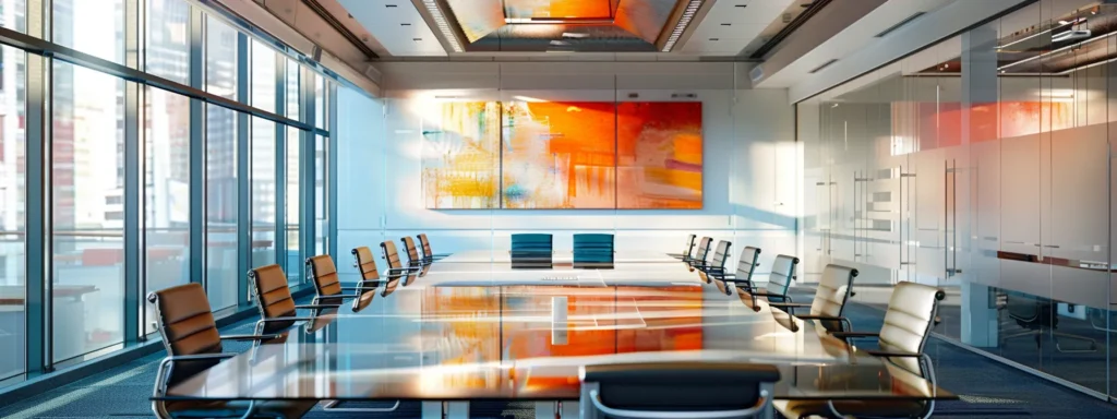 Sleek modern office workspace with large windows, a polished conference table, and contemporary chairs, featuring vibrant abstract artwork, illustrating the professional environment for Oak Harbor businesses enhancing their online presence through responsive web design.