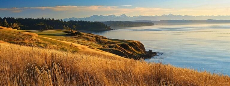 a stunning coastal view of whidbey island features a modern, seo-friendly website design integrated seamlessly into a picturesque landscape, showcasing vibrant colors and harmonious elements that evoke a sense of both technology and natural beauty.