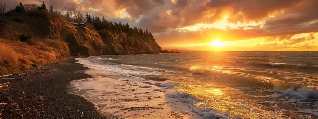 Stunning sunset over Oak Harbor beach, highlighting the coastline and vibrant sky, symbolizing the area's natural beauty and potential for local business growth.