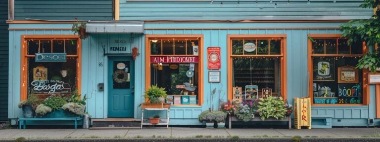 a vibrant coastal storefront on whidbey island, adorned with colorful signage and lush greenery, captures the essence of local businesses thriving through enhanced visibility thanks to google my business.