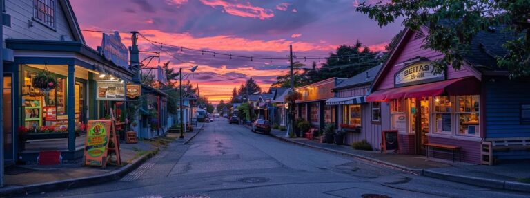 Vibrant sunrise illuminating a charming local street lined with colorful shops and cafes, reflecting the essence of community engagement and local business visibility.