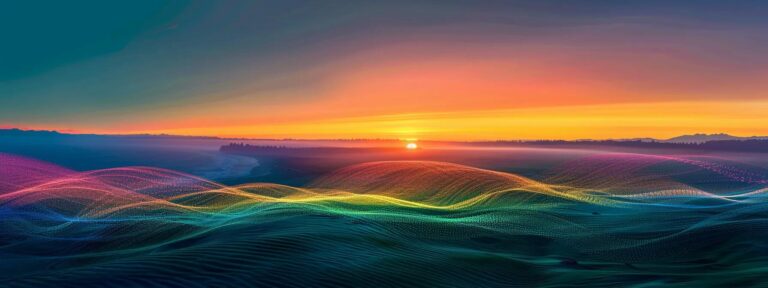 Vibrant sunrise over rolling waves, showcasing colorful gradients in the sky and landscape, symbolizing creativity and inspiration for effective web design and local SEO strategies.