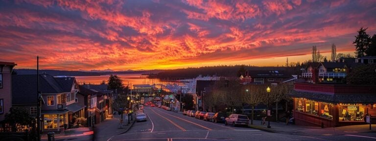 a vibrant sunset casts a warm glow over a picturesque whidbey island community, filled with bustling local businesses and friendly residents engaging in lively conversations, embodying the essence of a positive online presence.