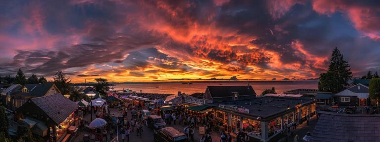 Vibrant sunset over a waterfront market, showcasing colorful clouds and a lively atmosphere, enhancing local business visibility and engagement.