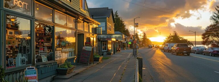 a vibrant sunset casts golden light over the charming storefronts of whidbey island, showcasing a bustling local business as sms marketing promotional signs attract enthusiastic customers.