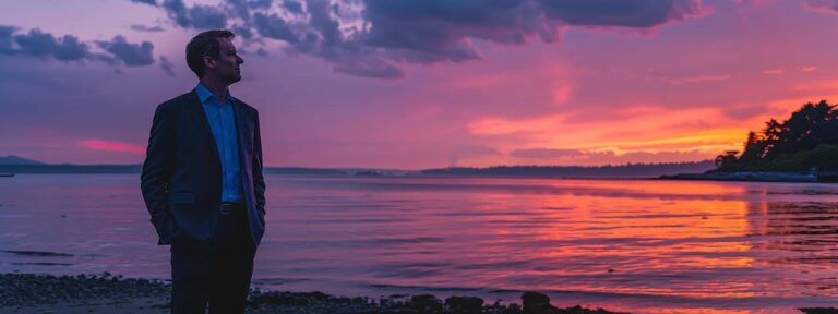 Man in a suit standing by the water at sunset, with vibrant pink and purple skies reflecting on the calm sea, symbolizing effective design and local business growth.