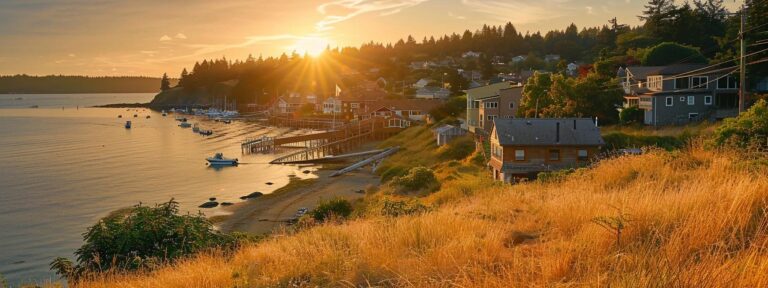 a vibrant sunset over whidbey island illuminates a serene shoreline, symbolizing the transformation and success of local businesses through content optimization.