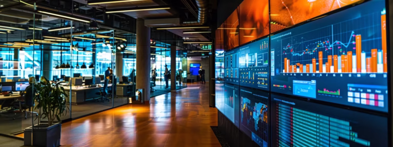 a vibrant urban office workspace with sleek digital screens displaying dynamic analytics and engaging advertising strategies, illuminated by focused overhead lighting that enhances the modern, innovative atmosphere.