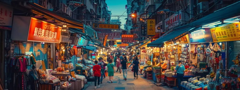 a vibrant urban street scene showcases a bustling market filled with distinct, eye-catching local ads on colorful storefronts that attract the attention of diverse shoppers.