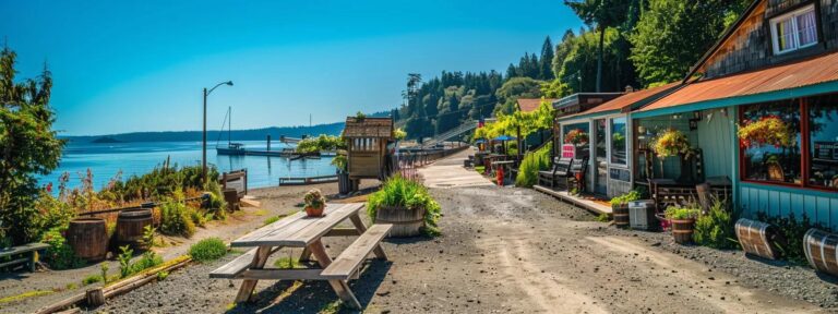 Vibrant waterfront scene showcasing a charming pathway lined with shops, outdoor seating, and lush greenery, emphasizing local business appeal and community engagement.
