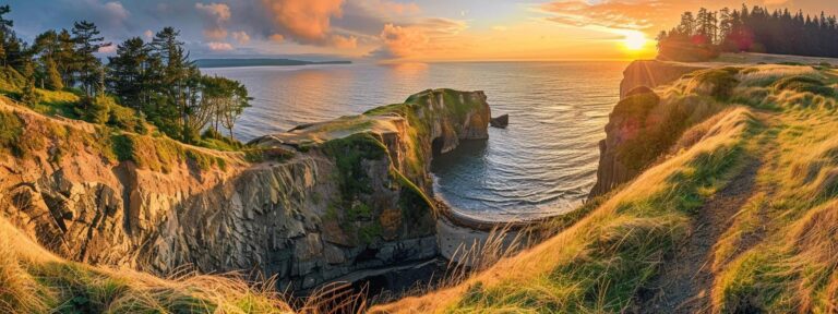 a breathtaking view of whidbey island’s rugged coastline at sunrise, with vibrant hues of orange and pink illuminating the sky, symbolizing the powerful connection between local landscapes and effective seo strategies.