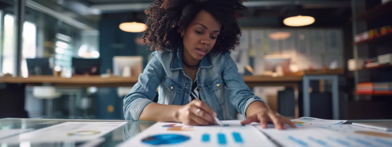 a focused small business owner reviews a detailed cost analysis report on a sleek conference table, surrounded by modern office décor, highlighting the complexity of local advertising expenses.
