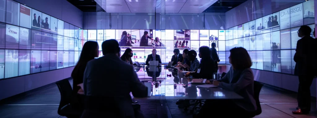 Modern office meeting with diverse professionals discussing responsive web design strategies, large digital screens displaying data and visuals related to mobile optimization and user engagement.