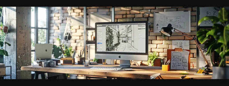 Dynamic workspace featuring an iMac displaying architectural design sketches, surrounded by plants, stationery, and photography equipment, emphasizing creativity and productivity for local businesses in Oak Harbor.