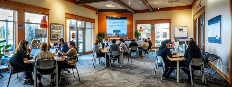 a bustling office space filled with professionals engaged in vibrant discussions over digital marketing strategies, highlighting innovative seo tactics tailored for local success in oak harbor.