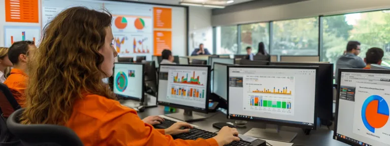 a dynamic office environment showcases a focused marketing team analyzing vibrant digital graphs on sleek monitors, emphasizing the effectiveness of pay-per-click advertising strategies.