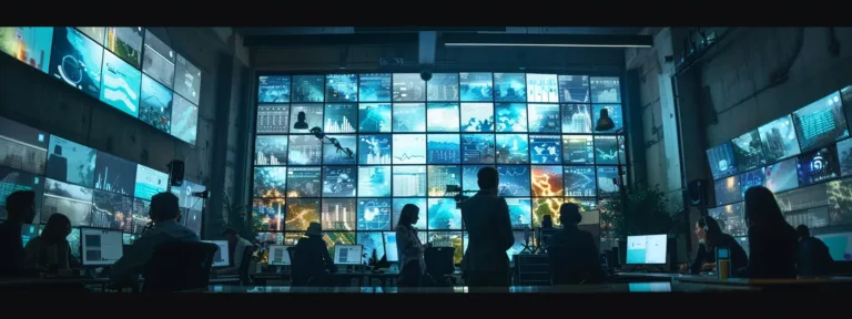 a dynamic office environment showcases a focused team collaborating over digital screens filled with analytics, emphasizing the impact of local seo advertising solutions on business visibility.