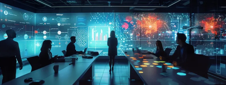 Dynamic office setting with professionals collaborating, digital displays showing data analytics and graphics, emphasizing digital marketing and SEO strategies for Oak Harbor businesses.