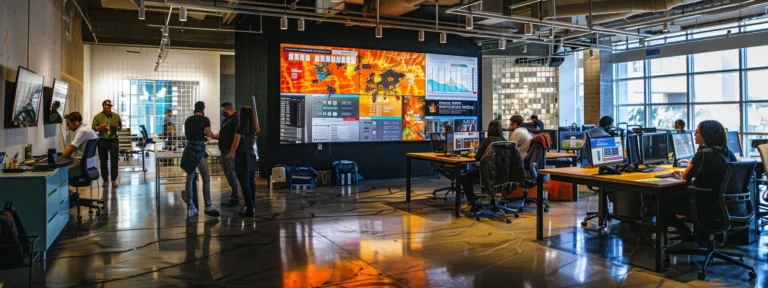 a dynamic office setting showcasing a diverse group of professionals intensely analyzing data on digital screens, surrounded by vibrant charts and insightful metrics that illustrate effective facebook ad strategies for business growth.