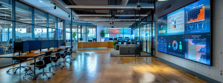 Dynamic office workspace featuring modern design, collaborative seating areas, large digital displays showcasing data analytics, and an inviting atmosphere for enhancing local SEO strategies in Oak Harbor.