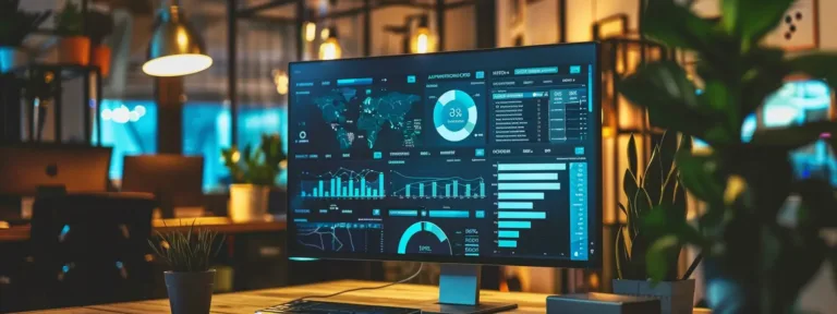 Modern office workspace featuring a computer monitor displaying analytics dashboard with graphs and data visualizations, emphasizing digital marketing and SEO performance insights for local businesses in Oak Harbor.