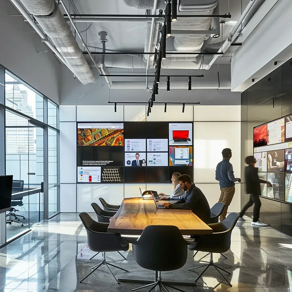 Modern office space featuring a collaborative meeting area with large display screens, a long wooden table, and professionals engaging in work and discussions.