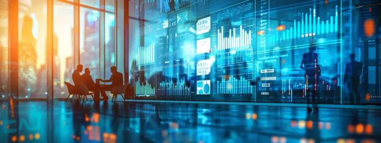 a modern office space is bustling with small business owners gathered around a sleek conference table, engaged in an animated discussion about their innovative online ad management strategies, highlighted by vibrant digital screens displaying analytics and campaign graphics.
